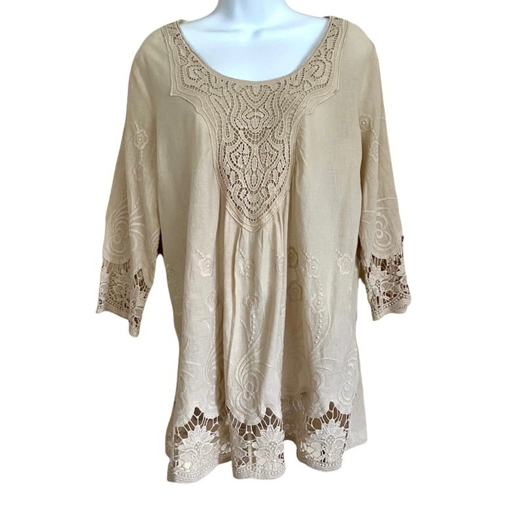 Tan Cotton Blouse Tunic Sz Medium Lace Boho Peasant Relaxed Lightweight Spring